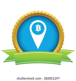 Round icon with ribbon, with map marker with bitcoin symbol, isolated on white