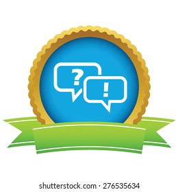 Round icon with ribbon, with two chat messages, question and answer, isolated on white