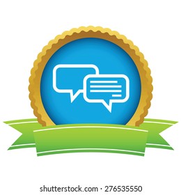 Round icon with ribbon, with two text bubbles, isolated on white