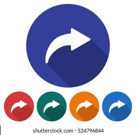 Round icon of right curved arrow. Flat style illustration with long shadow in five variants background color