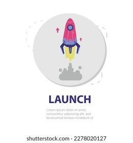 Round icon with rocket, concept of standup launch - flat vector illustration isolated on white background. Start of new business project and plan development.