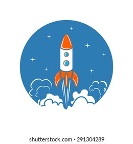 Round icon with rocket launch and stars, illustration.