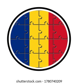 round icon with romania flag made with jigsaw puzzle pieces, isolated on white background 