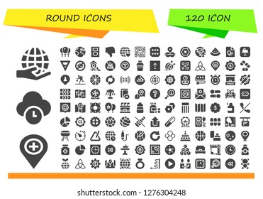  round icon set. 120 filled round icons. Simple modern icons about  - Worldwide, Placeholder, Time, Balloons, Earth, Mp player, Dislike, Earth grid, Labyrinth, Biscuit, Virtual reality