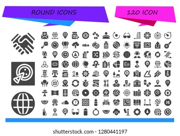  round icon set. 120 filled round icons. Simple modern icons about  - Shake hands, Earth grid, Pizza, Settings, World, Placeholder, Pills, Loop, Convex, Rotate, Glasses, Ball