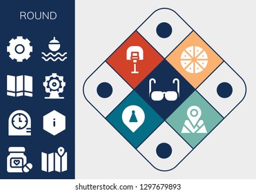  round icon set. 13 filled round icons. Simple modern icons about  - Glasses, Pills, Map, Clocks, Information, Ferris wheel, Settings, Float, Pizza, Basketball, Placeholder