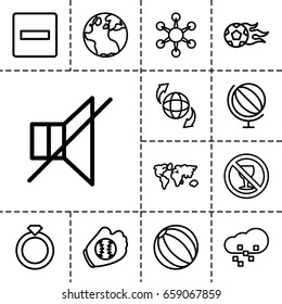 Round icon. set of 13 outline roundicons such as globe, no alcohol, qround the globe, no sound, defragmentation, football ball, baseball glove, minus, world map, ring, virus