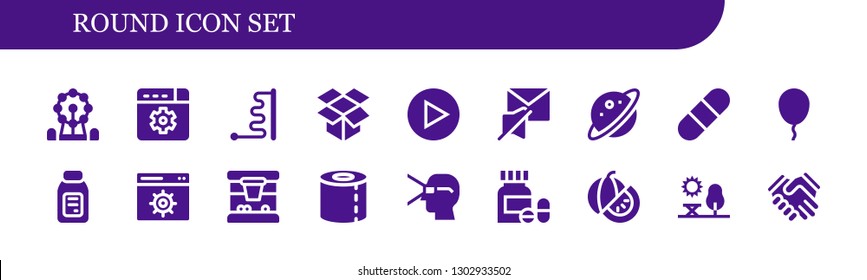  round icon set. 18 filled round icons.  Simple modern icons about  - Ferris wheel, Settings, Ball, Dropbox, Play, Mute, Planet, Pill, Balloon, Alcohol, Basketball, Toilet paper