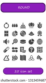 round icon set. 25 filled round icons.  Simple modern icons about  - Ring, Balloons, Birthday cake, Clock, Football, Pie chart, Beach ball, Watermelon, Insignia, Volume, Percentage