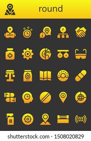 round icon set. 26 filled round icons.  Collection Of - Virtual reality, Placeholder, Time, Information, Shake hands, Drugs, Settings, Planet, Rings, Glasses, Amusement park icons