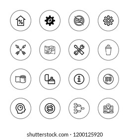 Round icon set. collection of 16 outline round icons with arrow, arrows, cogwheel, eu, football, gear, information, map, loop, no camera, ring, toilet paper, settings icons.
