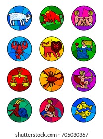Round icon set of colorful zodiac symbols isolated on white. Horoscope icons in stained-glass window style. Vector illustration