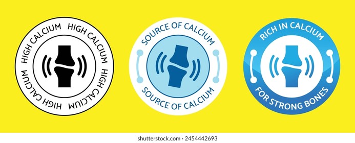 round Icon Set of Rich in Calcium, Source of Calcium, High calcium, Logo, Stamp, Badge, symbol, Picographic sign, sticker label, Strong Bone, Strong Muscle, Flat Vector for packaging. 