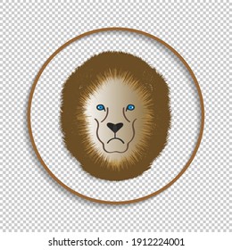 Round icon with shadow. Cartoon sad lion face, blue eyes and fluffy mane. EPS10