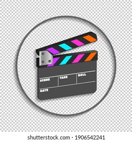 Round icon with shadows. 3d open black clapperboard for movie with colored stripes. EPS10