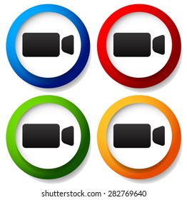 Round icon with small, compact video camera, handycam symbol Icon for video, multimedia, filming concepts.