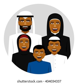 Round icon of smiling arab family. Father, mother, son and daughter.