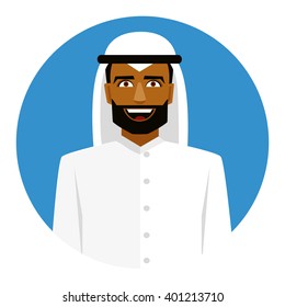 Round icon with smiling arab man in traditional muslim hat.