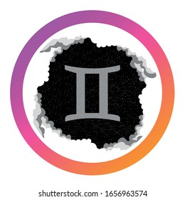 Round icon for social media stories. Perfect for bloggers. The zodiac sign Gemini. Symbol, badge, sticker, Magnet. Stragically horoscope. Starry sky in the clouds