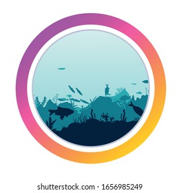 Round icon for social media stories. Perfect for bloggers. underwater scene. Silhouette of fish and algae on the background of reefs. Flora and fauna of the ocean. Vector. Bright design