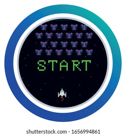 Round icon for social media stories. Perfect for bloggers. Retro video game, screen, arcade space warships, shooting, background map, vector graphic design illustration. 16 bit, 8 bit . Space place. 