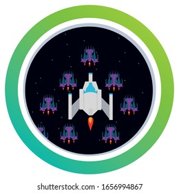 Round icon for social media stories. Perfect for bloggers. Retro video game, screen, arcade space warships, shooting, background map, vector graphic design illustration. 16 bit, 8 bit . Space place. 