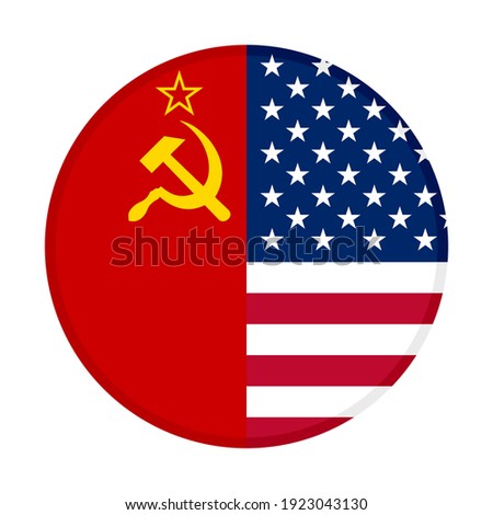 round icon with soviet union and united states flags, isolated on white background
