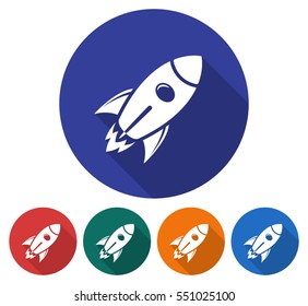 Round icon of space rocket. Flat style illustration with long shadow in five variants background color