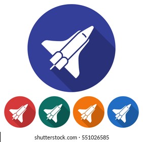 Round icon of space shuttle. Flat style illustration with long shadow in five variants background color