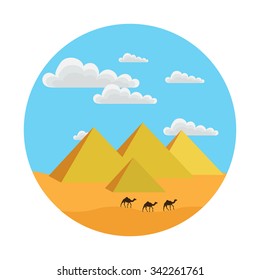 round icon style flat. it shows the Egyptian pyramids, clouds, sand, camels