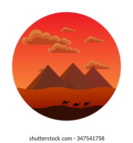 round icon style flat. it shows the Egyptian pyramids, clouds, sand, camels during sunset