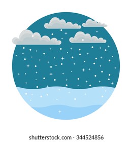 round icon style flat. which depicts falling snow, drifts and clouds