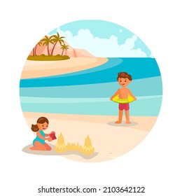 Round icon summer activity. Children playing sand castle on the beach. Flat Art vector Illustration.