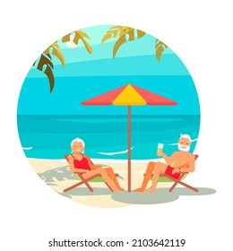Round icon summer activity. Elderly people characters on a loungers drinks a beer and relaxes on a sea beach. Flat Art vector Illustration.