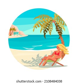 Actividad de verano de icono redondo. Gente de vacaciones de verano. Una joven se encuentra en una tumbona y descansa en una playa de mar. Ilustración vectorial de arte plano.