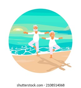 Round icon summer activity. People on summer vacation. Senior man and woman doing yoga on the beach. Flat Art vector Illustration.