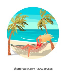 Runde Ikone Sommeraktivität. Junge schöne Mädchen liegt in einer Hängematte zwischen Palmen am Strand und Sonnenbäder. Flache Kunst, Vektorgrafik.