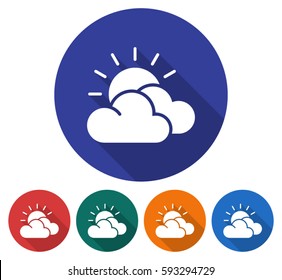 Round icon of  sun with clouds (partly cloudy weather). Flat style illustration with long shadow in five variants background color  