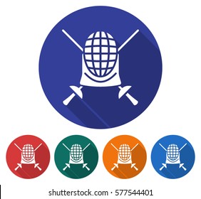 Round icon of  swordplay. Flat style illustration with long shadow in five variants background color       