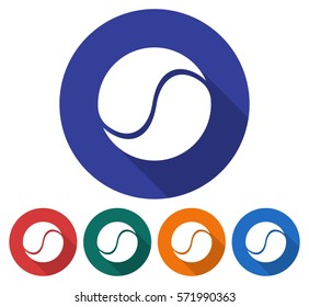 Round icon of  tennis ball. Flat style illustration with long shadow in five variants background color       