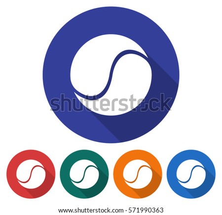 Round icon of  tennis ball. Flat style illustration with long shadow in five variants background color       