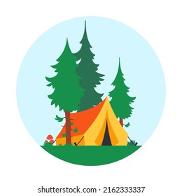 Round icon of a tent for hiking in a pine forest. Tourist camp in the forest. Vector illustration in a flat style.