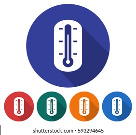Round icon of  thermometer. Flat style illustration with long shadow in five variants background color      