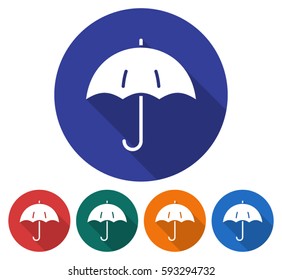 Round icon of  umbrella. Flat style illustration with long shadow in five variants background color       