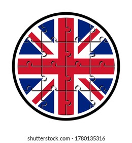round icon with united kingdom flag made with jigsaw puzzle pieces, isolated on white background 