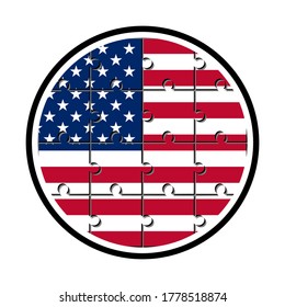 round icon with united states of america flag made with jigsaw puzzle pieces, isolated on white background
