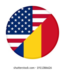 round icon with united states and romania flags isolated on white background