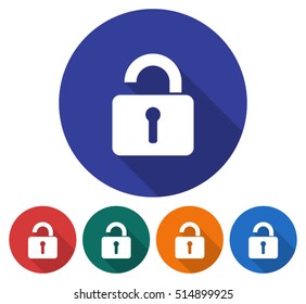Round icon of unlocked padlock. Flat style illustration with long shadow in five variants background color 