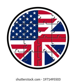 round icon with usa and uk flags are made from jigsaw pieces.
