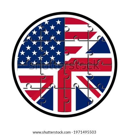 round icon with usa and uk flags are made from jigsaw pieces.
